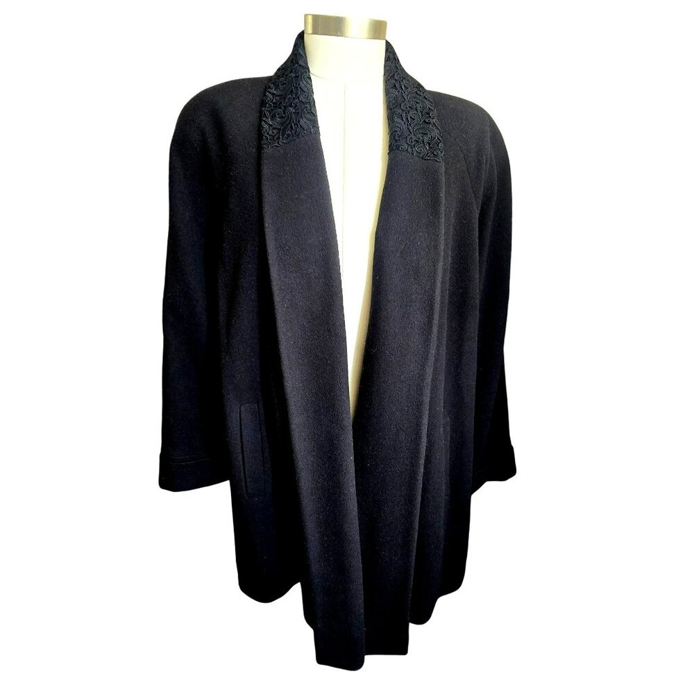 Mackintosh New England Black Wool Open Front Coat With Embroidered Collar CM2000